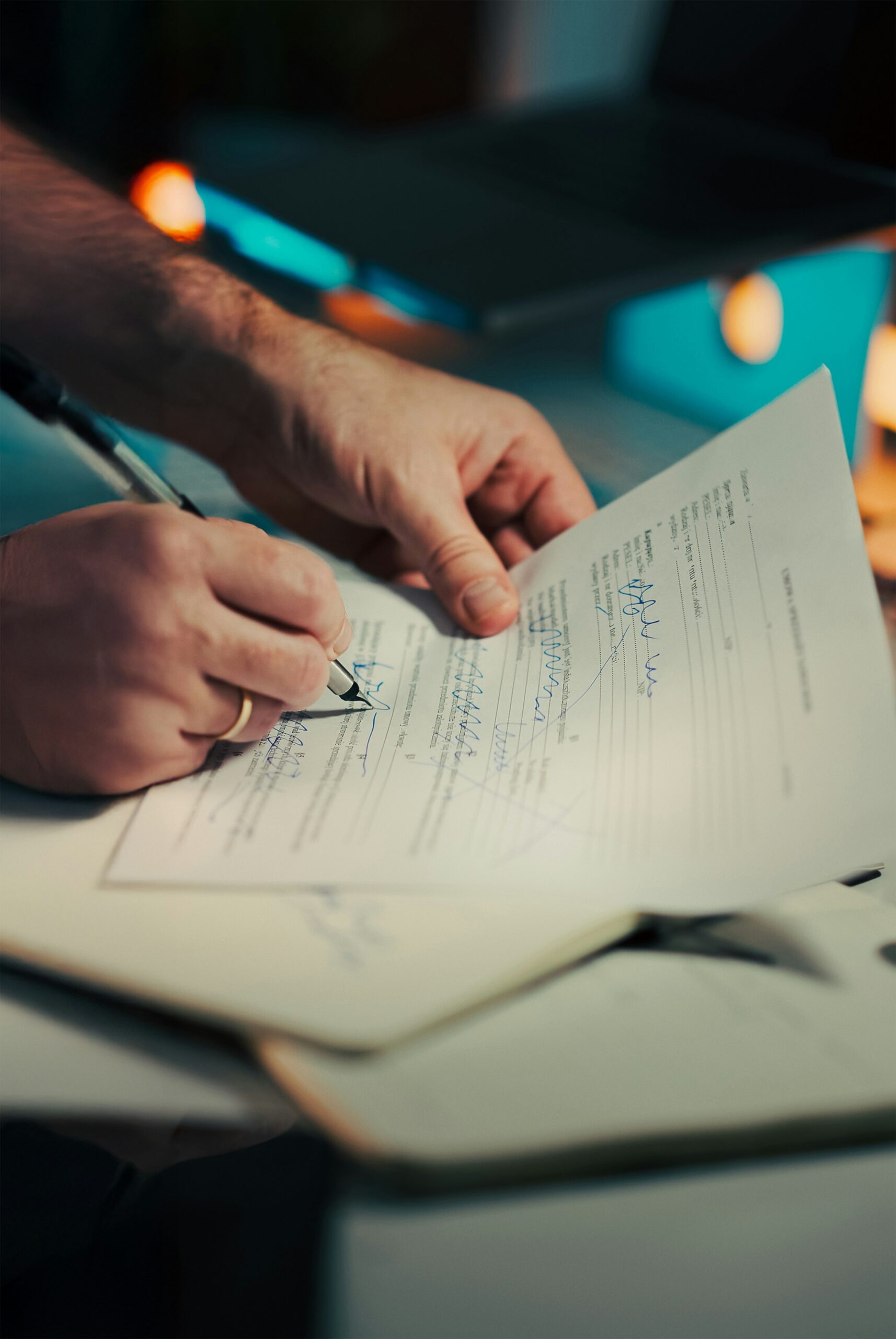 Man signing a document with a pen